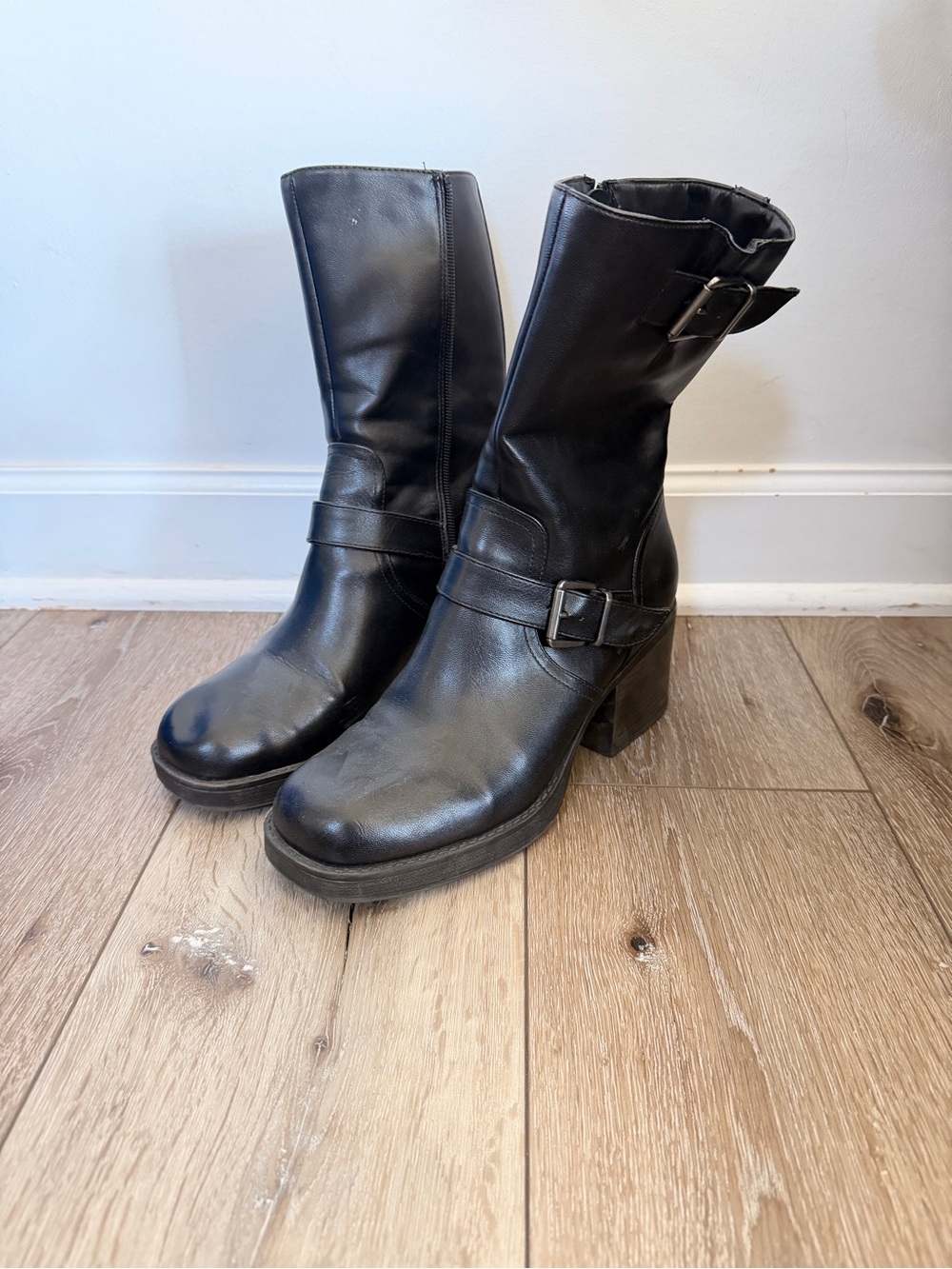 Kenneth Cole Reaction Black Leather Mid-Calf Block Heel Boots